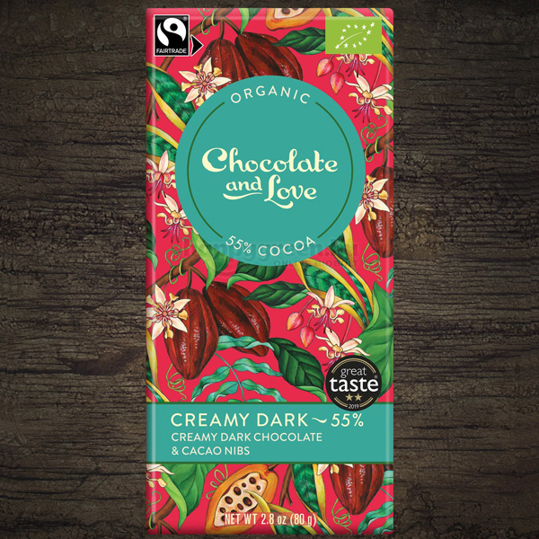 Chocolate and Love Creamy Dark - 55%-os Bio Krémes Étcsokoládé Kakaóbabdarabokkal, 80 g