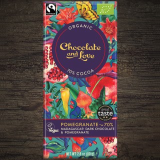 Chocolate and Love Pomegranate - 70%-os Gránátalmás Bio Étcsokoládé, 80 g.